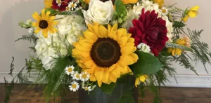 close up shot bucket of sunflowers